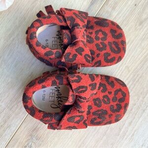 Monkey Feet Kids Moccasins in Red and Black Leopard Print